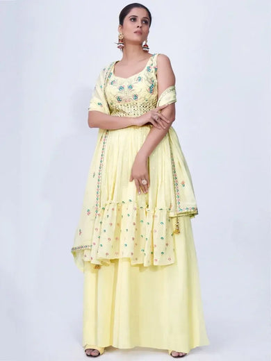 Elegant Light Yellow Embroidered Chiffon Ready-Made Palazzo Suit